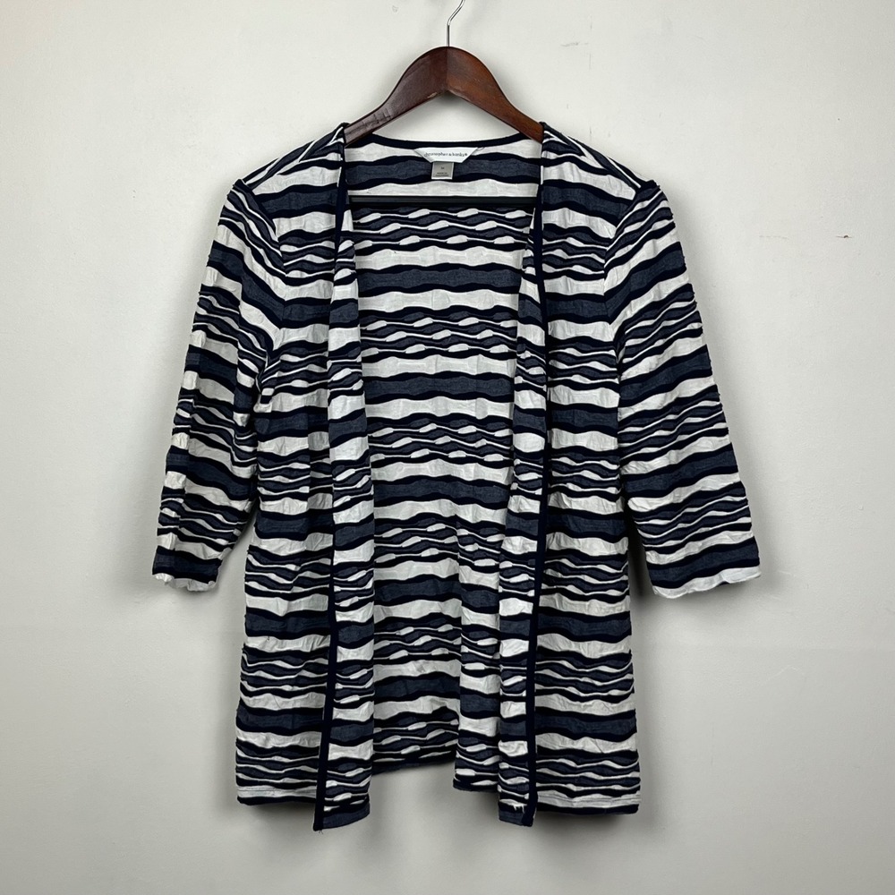 Christopher & Banks Cardigan M Navy White Wavy Stripe Coastal Grandma Cozy Chic